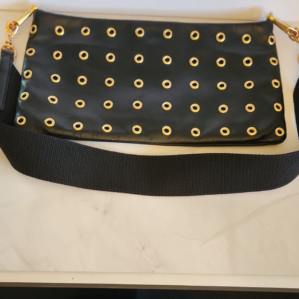 Prada Nappa Black Leather Shoulder Bag With Gold-tone Grommets